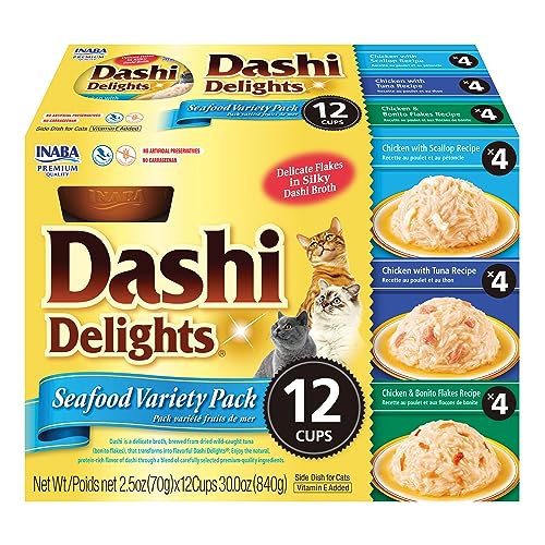 INABA Dashi Delights for Cats, Shredded Chicken with Bonito Flake Broth, 2.5 Ounce Cup, 12 Cups Total, Seafood Variety