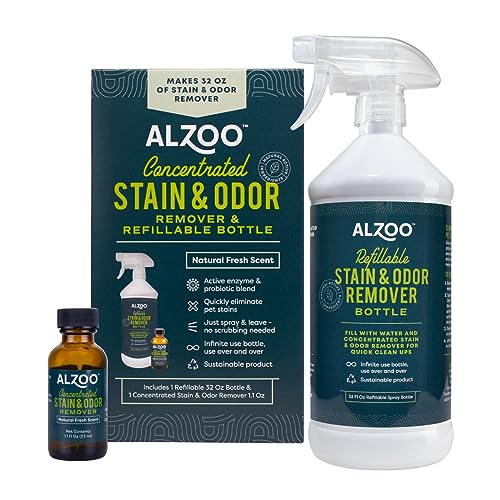 ALZOO Concentrated Stain & Odor Remover Bundle Bottle Set, Includes 32 Fl. Oz Refillable Bottle & 1.1 Oz. Concentrated Stain & Odor Remover, 100% Plant-Based Active Ingredients