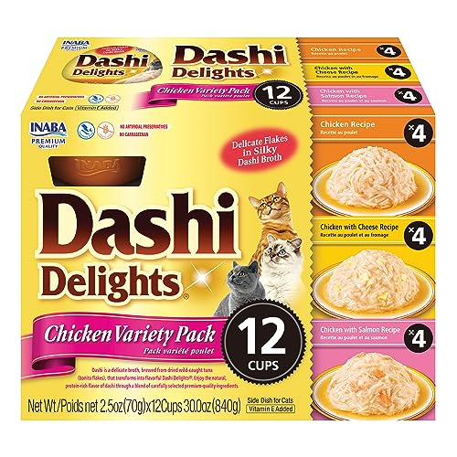 INABA Dashi Delights for Cats, Shredded Chicken with Bonito Flake Broth, 2.5 Ounce Cup, 12 Cups Total, Chicken Variety