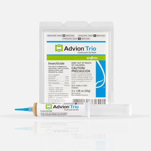 Advion Trio Cockroach Gel Bait, 4 Tubes x 30-Grams, 1 Plunger and 2 Tips, Formulated with 0.6% Indoxacarb, 0.1% Novaluron and 0.1% Pyriproxyfen, Ready-to-Use Roach Killer for Indoor and Outdoor Use