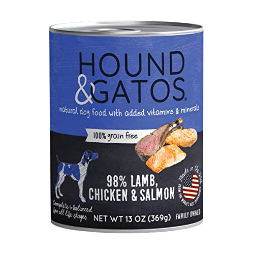 Hound & Gatos Wet Dog Food, 98% Lamb, Chicken & Salmon, case of 12, 13 oz cans