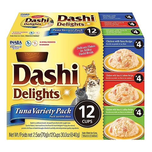 INABA Dashi Delights for Cats, Shredded Chicken with Bonito Flake Broth, 2.5 Ounce Cup, 12 Cups Total, Tuna Variety