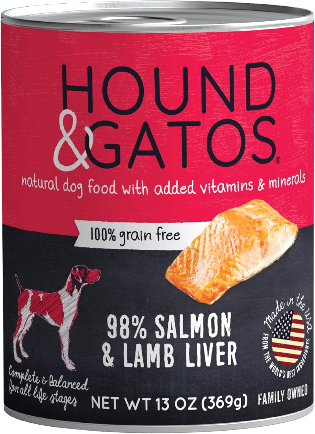 Hound & Gatos Wet Dog Food, 98% Salmon & Lamb Liver, case of 12, 13 oz cans