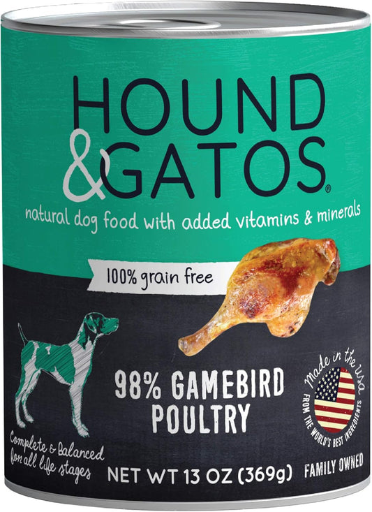 Hound & Gatos Wet Dog Food, 98% Gamebird Poultry, case of 12, 13 oz cans