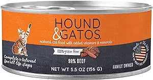 Hound & Gatos Wet Cat Food, 98% Beef, case of 24, 5.5 oz cans