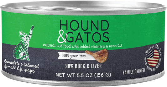 Hound & Gatos Wet Cat Food, 98% Duck & Liver, case of 24, 5.5 oz cans