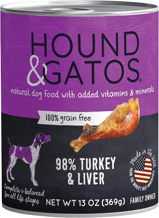 Hound & Gatos Wet Dog Food, 98% Turkey & Liver, case of 12, 13 oz cans