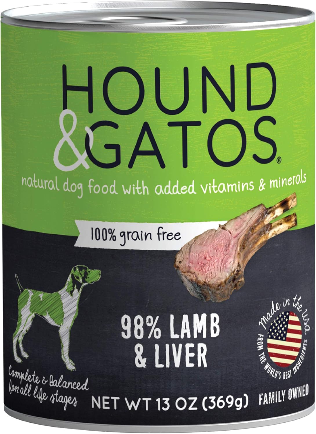 Hound & Gatos Wet Dog Food, 98% Lamb & Liver, case of 12, 13 oz cans