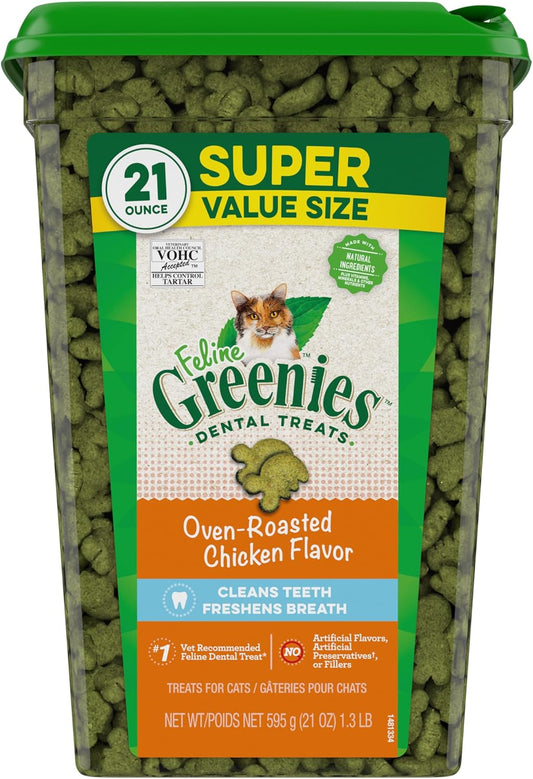 Greenies Feline Natural Dental Care Treats – 21oz Tubs – 4 Flavors: Chicken, Tuna, Catnip, and Salmon