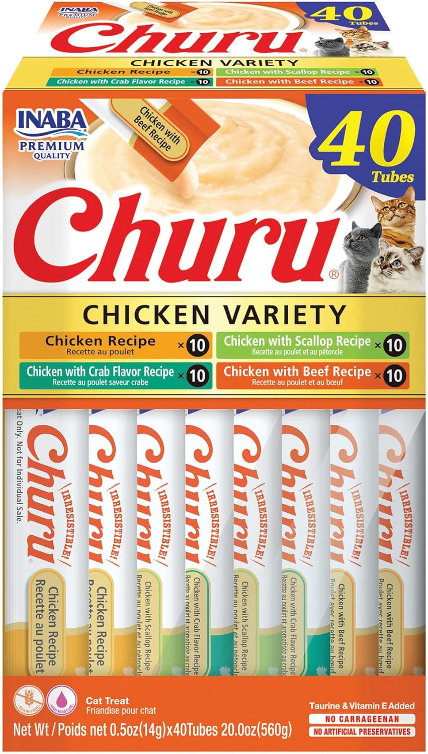 INABA Churu Cat Treats, Grain-Free, Lickable, Squeezable Creamy Purée Cat Treat/Topper with Vitamin E & Taurine, 0.5 Ounces Each Tube, 40 Tubes, Chicken Variety Box