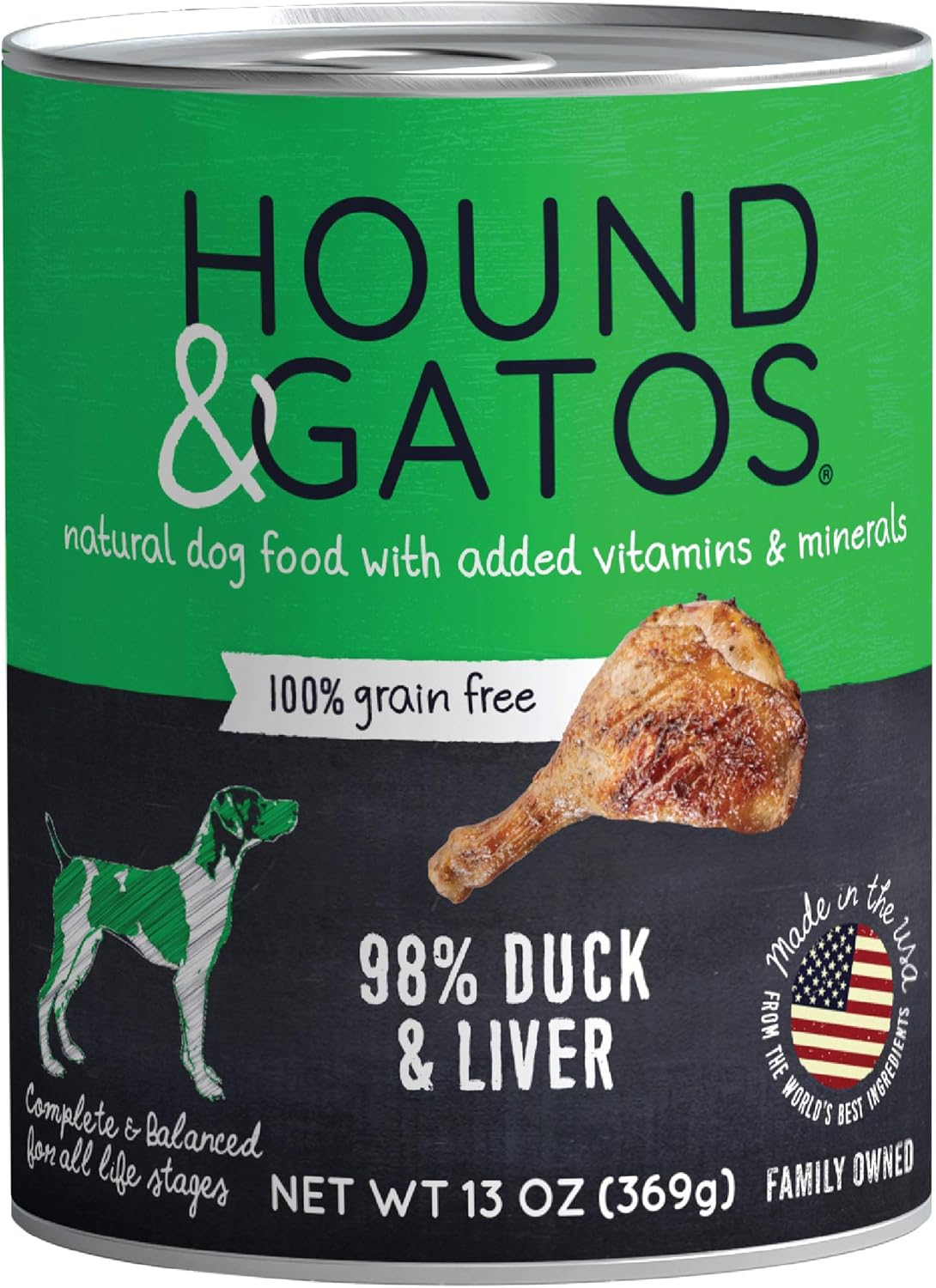 HOUND & GATOS Wet Dog Food, 98% Duck & Liver, case of 12, 13 oz cans, Natural