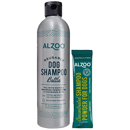 ALZOO Reusable, Refillable Aluminum Bottle & Concentrated Powder Shampoo for Dogs, Sensitive Skin Bundle, Just Add Water, Bottle & Pouch Starter Kit