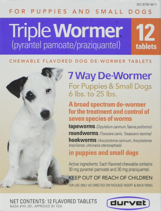 Durvet Triple Wormer - Tablets for Puppies, Small Dogs, Medium, and Large Dogs (12-Pack)