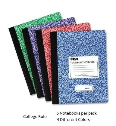 Tops Composition Notebooks College Rule 100 Sheets 9 3/4 x 7 1/2, 5 Pack Assorted Colors