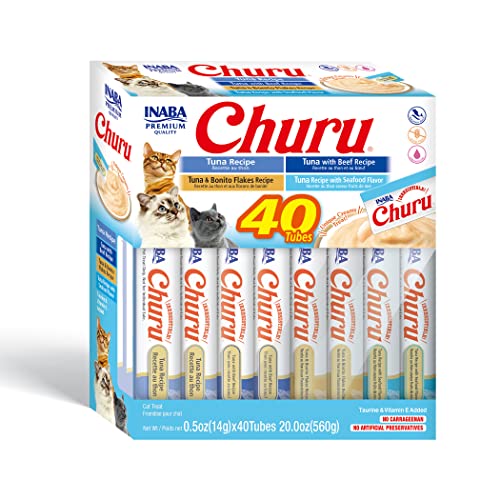 INABA Churu Cat Treats, Grain-Free, Lickable, Squeezable Creamy Purée Cat Treat/Topper with Vitamin E & Taurine, 0.5 Ounces Each Tube, 40 Tubes, Tuna Variety Box