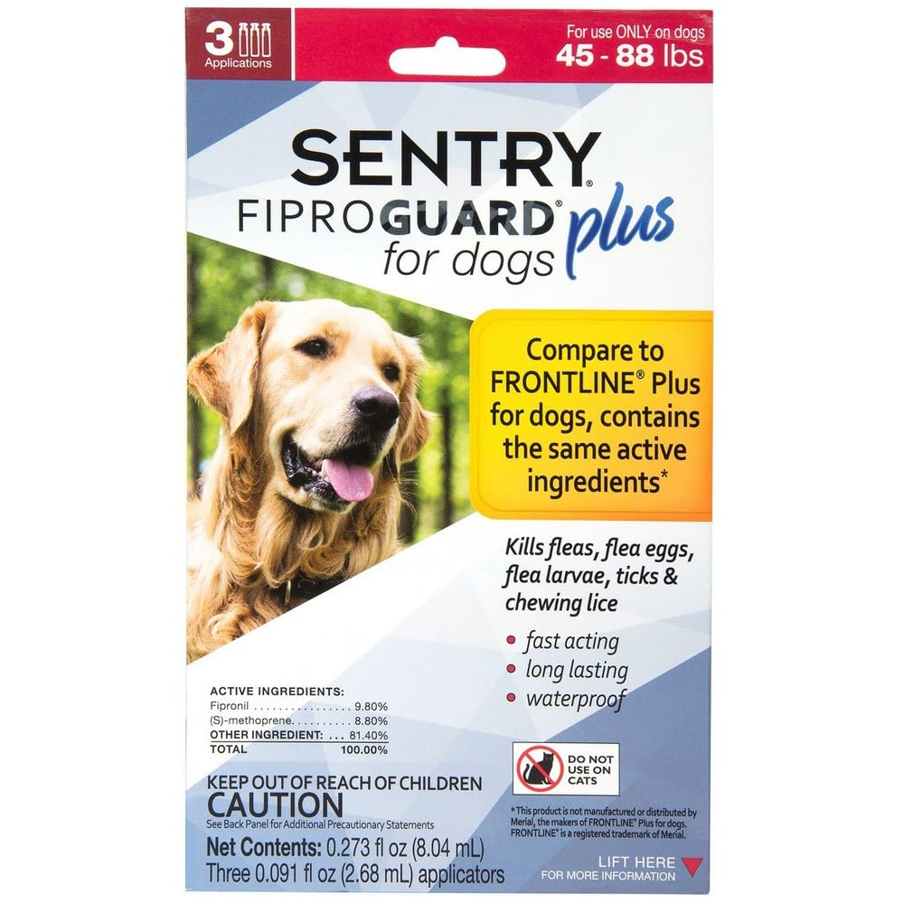 SENTRY Fiproguard Plus for Dogs, Flea and Tick Prevention for Dogs (45-88 Pounds), Includes 3 Month Supply of Topical Flea Treatments