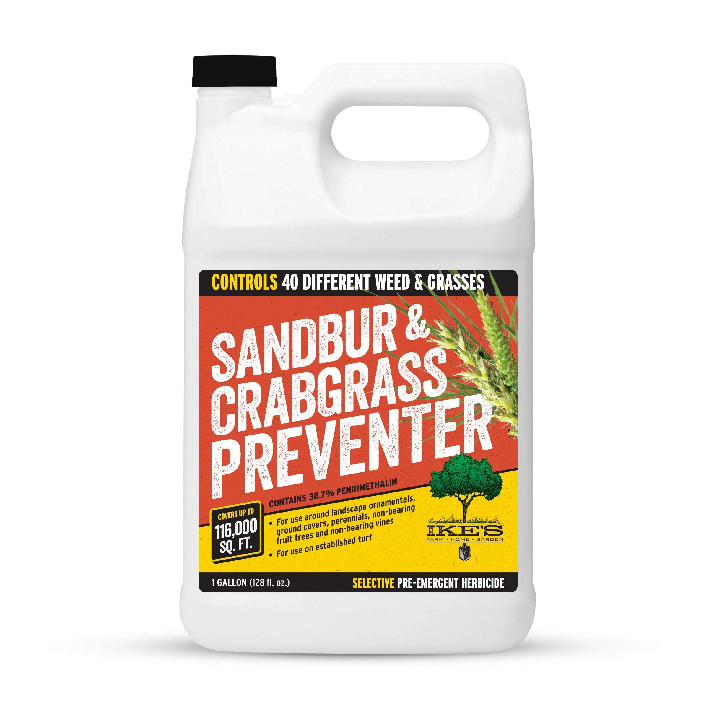 Ike's Sandbur & Crabgrass Preventer | Stop Unwanted Weeds and Grasses Before They Germinate | Easy to Use Pre-Emergent | Convenient Tip and Measure Packaging (Gallon) Orange