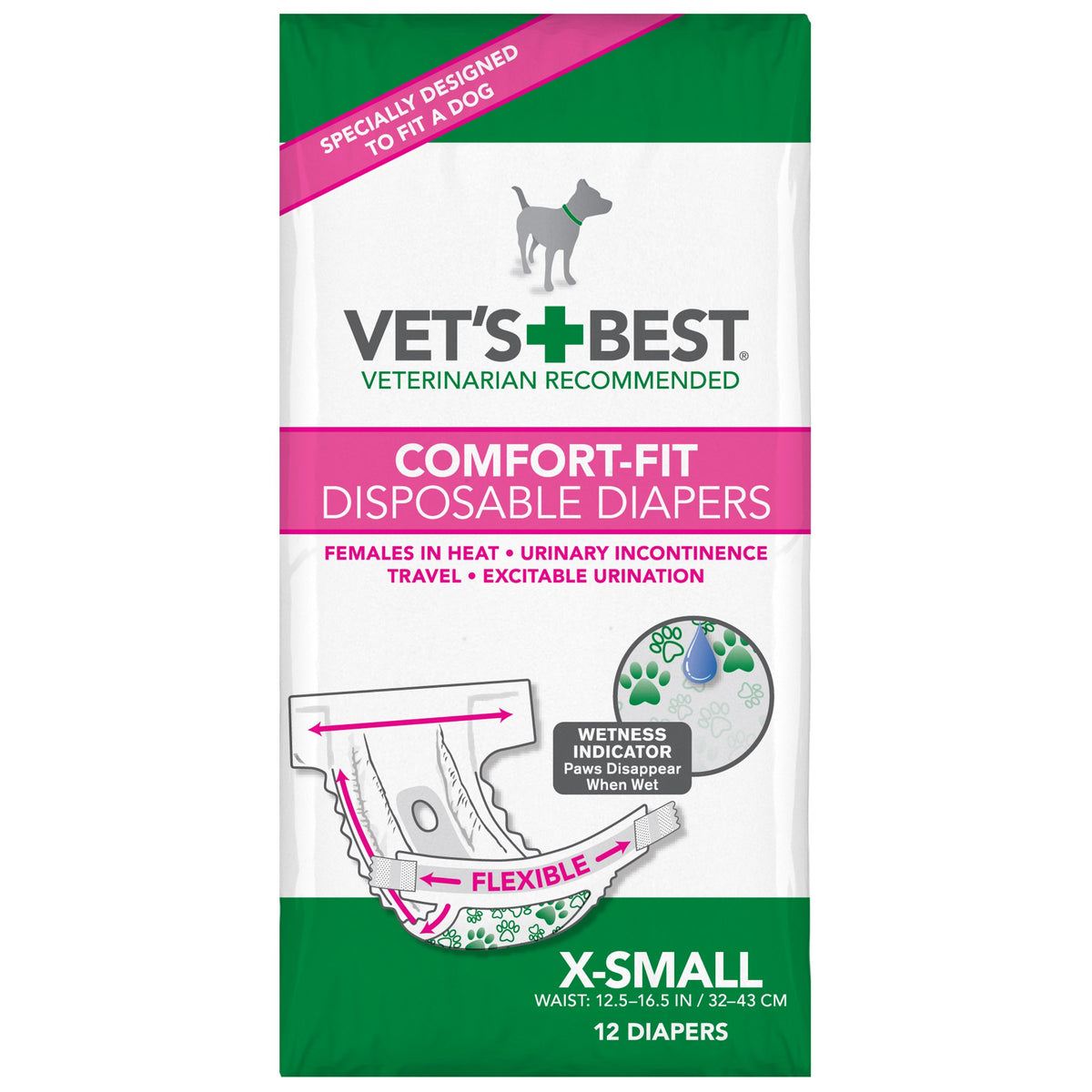 Vet's Best Comfort Fit Disposable Female Dog Diapers – X-Small, 12 Count
