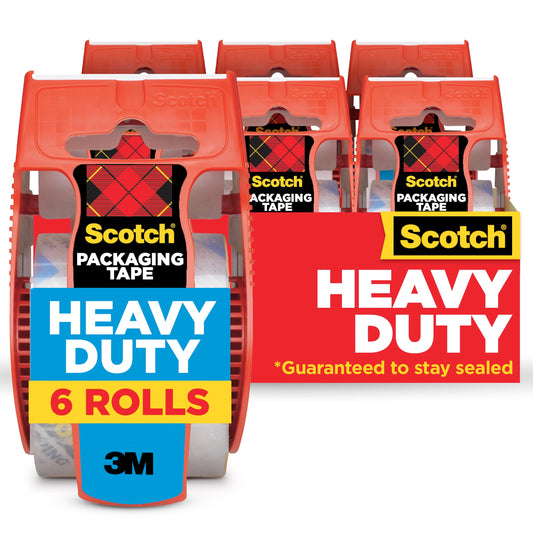 Scotch Heavy Duty Packaging Tape, 1.88" x 22.2 yd, Designed for Packing, Shipping and Mailing, Strong Seal on All Box Types, 1.5" Core, Clear, 6 Rolls with Dispenser (142-6)