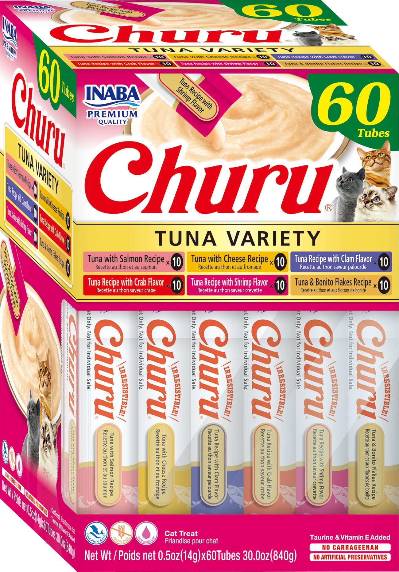 INABA Churu Cat Treats, Grain-Free, Lickable, Squeezable Creamy Purée Cat Treat/Topper with Vitamin E & Taurine, 0.5 Ounces Each Tube, 60 Tubes, Tuna Variety Box