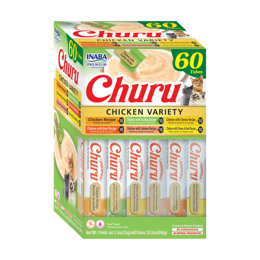 INABA Churu Cat Treats, Grain-Free, Lickable, Squeezable Creamy Purée Cat Treat/Topper with Vitamin E & Taurine, 0.5 Ounces Each, 60 Tubes, Chicken Variety Box