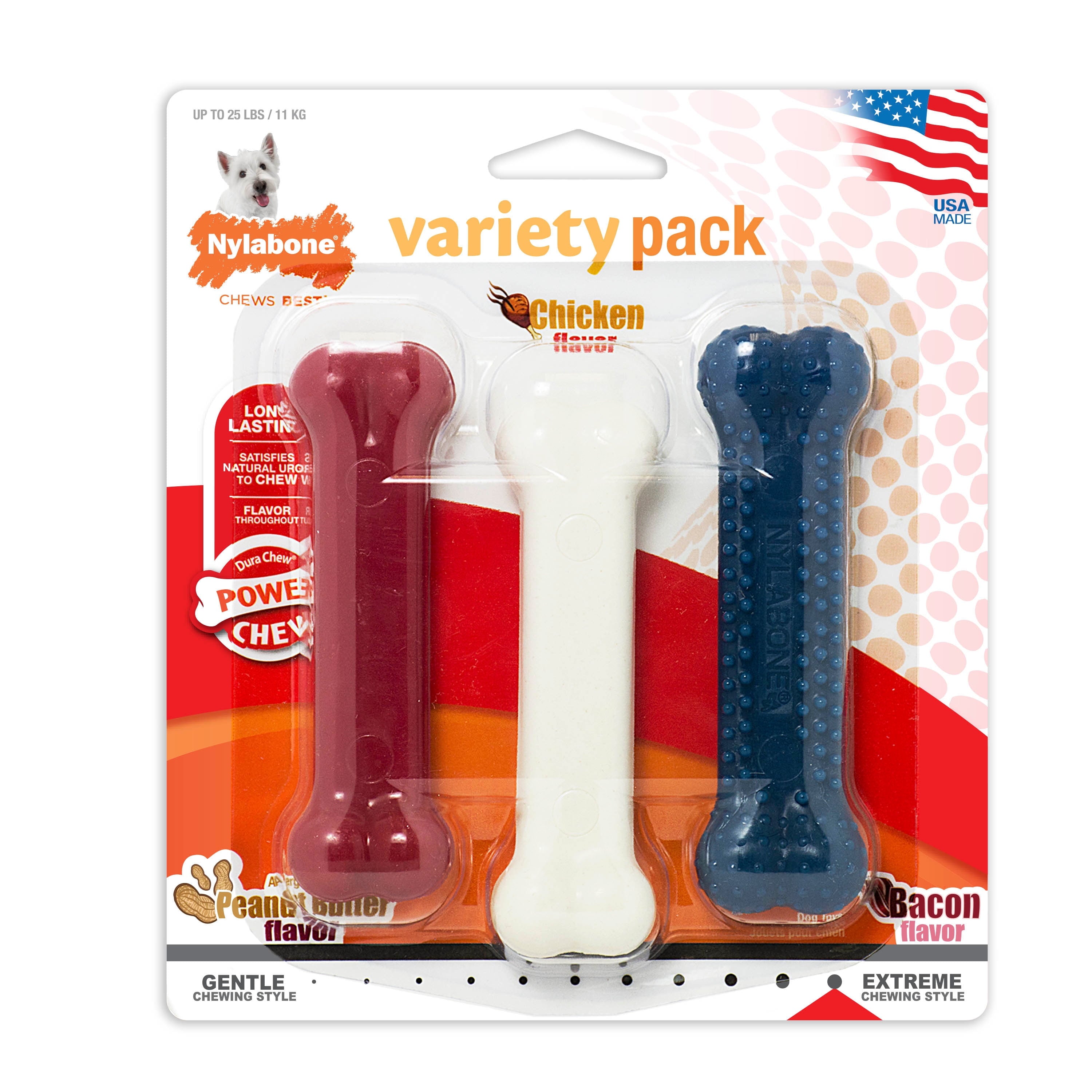 Nylabone Power Chew Variety Triple Pack Chicken, Bacon & Peanut Butter Small/Regular (3 Count)