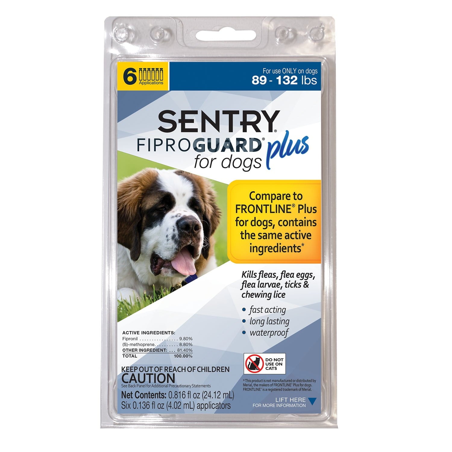 Sentry Fiproguard Plus Flea and Tick Treatment for Dogs, 89-132 Pounds, 6 Monthly Treatments